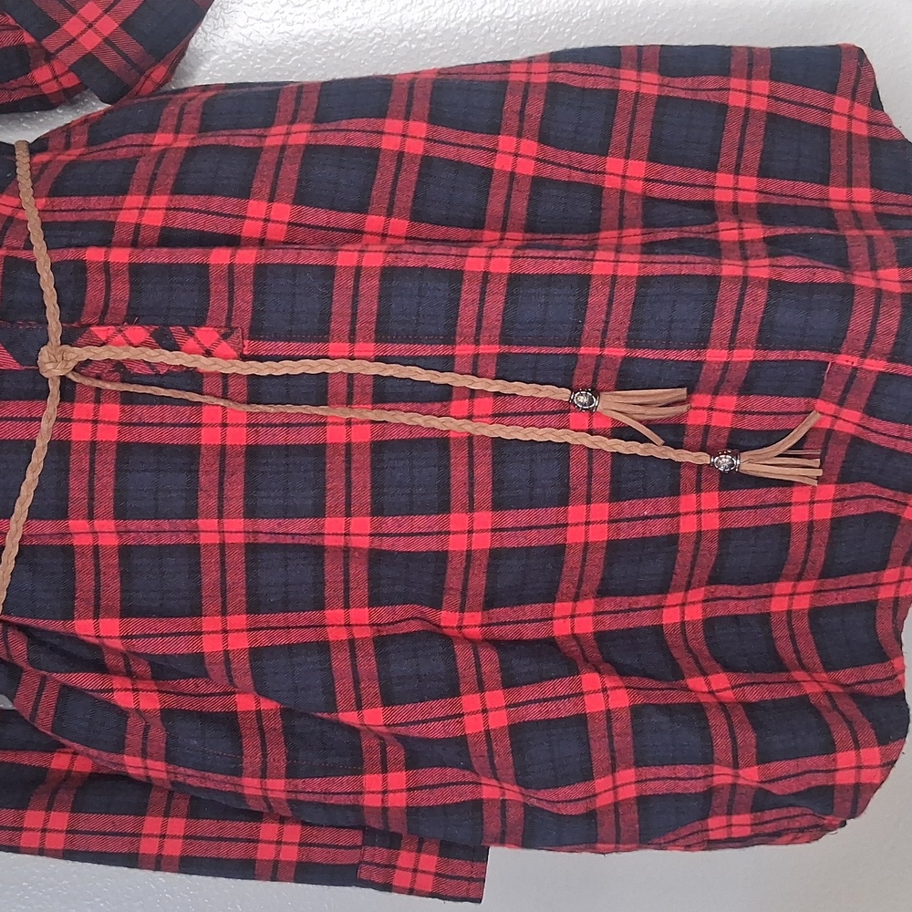 Jade Red Black Navy Plaid Flannel Dress Button Front Roll Tab Sleeve Small - Picture 10 of 14